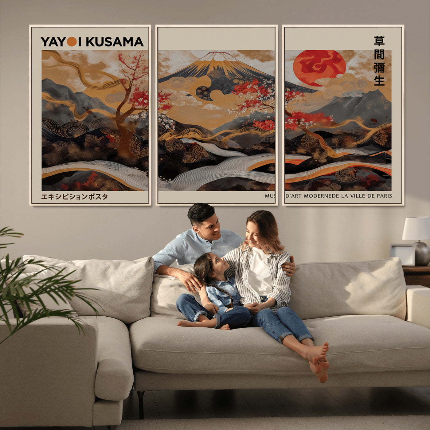 77970791-MGV-CV-36X24-Modern Japanese Wall Art Canvas Print – Framed Abstract Mount Fuji Scene with Yayoi Kusama Artwork for Home, Office