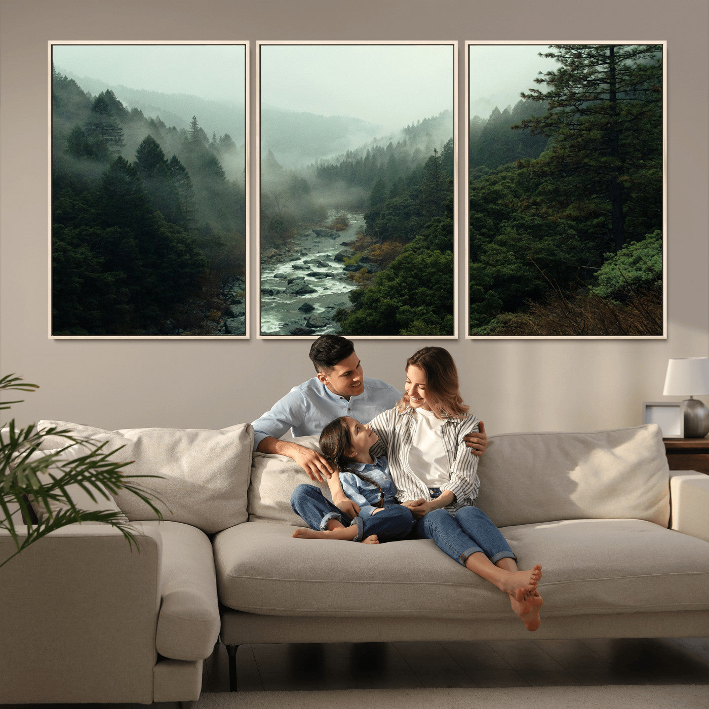 48497565-MGV-CV-36X24-Misty Forest Wall Art Canvas Print – Framed Foggy River Moody Landscape Wilderness Nature Scene Artwork for Home Office