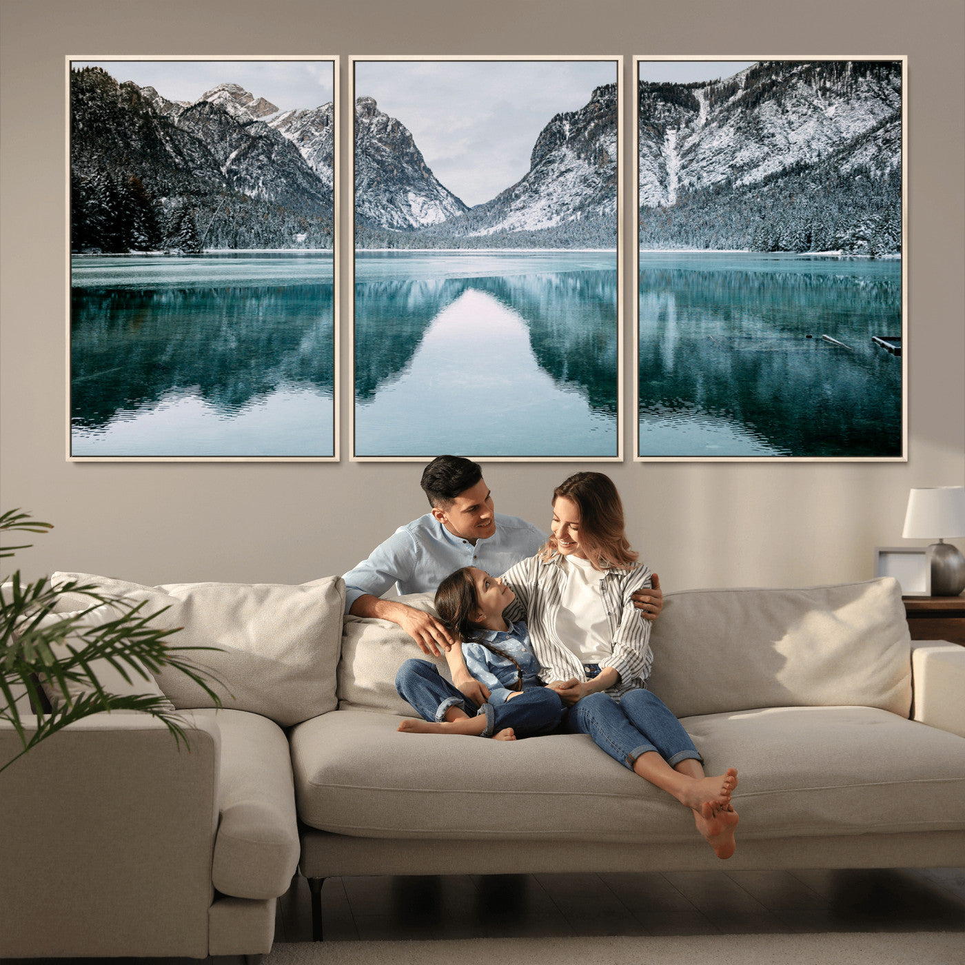 73098373-MGV-CV-36X24-Mountain Lake Wall Art Canvas Print – Framed Snowy Peaks Wonderland Nature Scene Artwork for Home Office