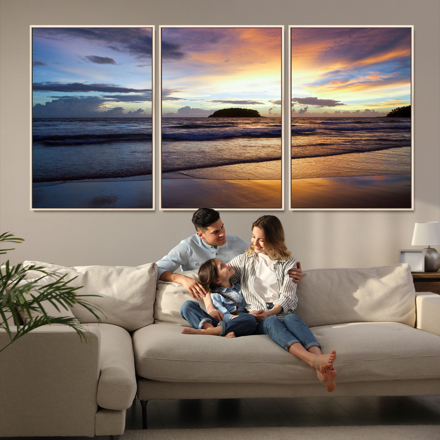 36714356-MGV-FC-60X30-3P-Beach Sunset Wall Art Canvas Print – Tropical Ocean Waves Golden Sky Serene Seascape Nature Artwork for Home Office