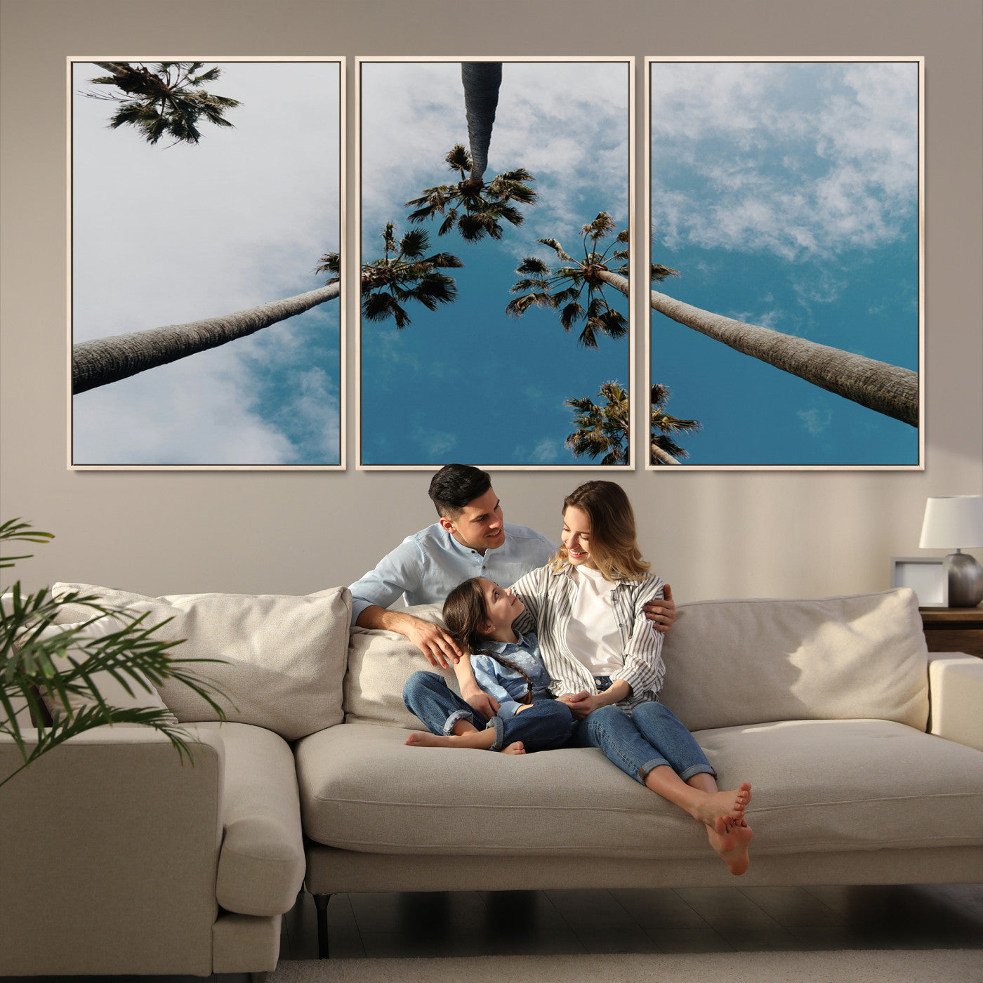 45236398-MGV-FC-60X30-3P-Tropical Palm Trees Wall Art Canvas Print – Framed California Sky Minimalist Nature Scene Artwork for Home Office