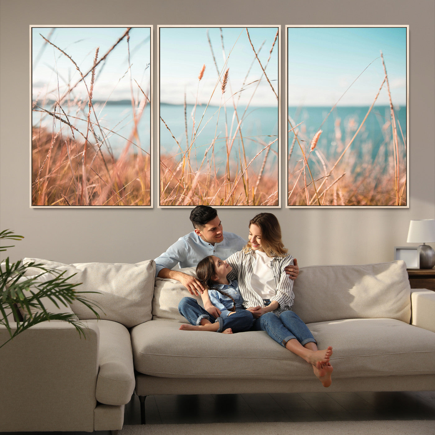 36108696-MGV-FC-60X30-3P-Coastal Grass Landscape Wall Art Canvas Print – Golden Shoreline Nature Scene Serene Ocean View Artwork for Home Office