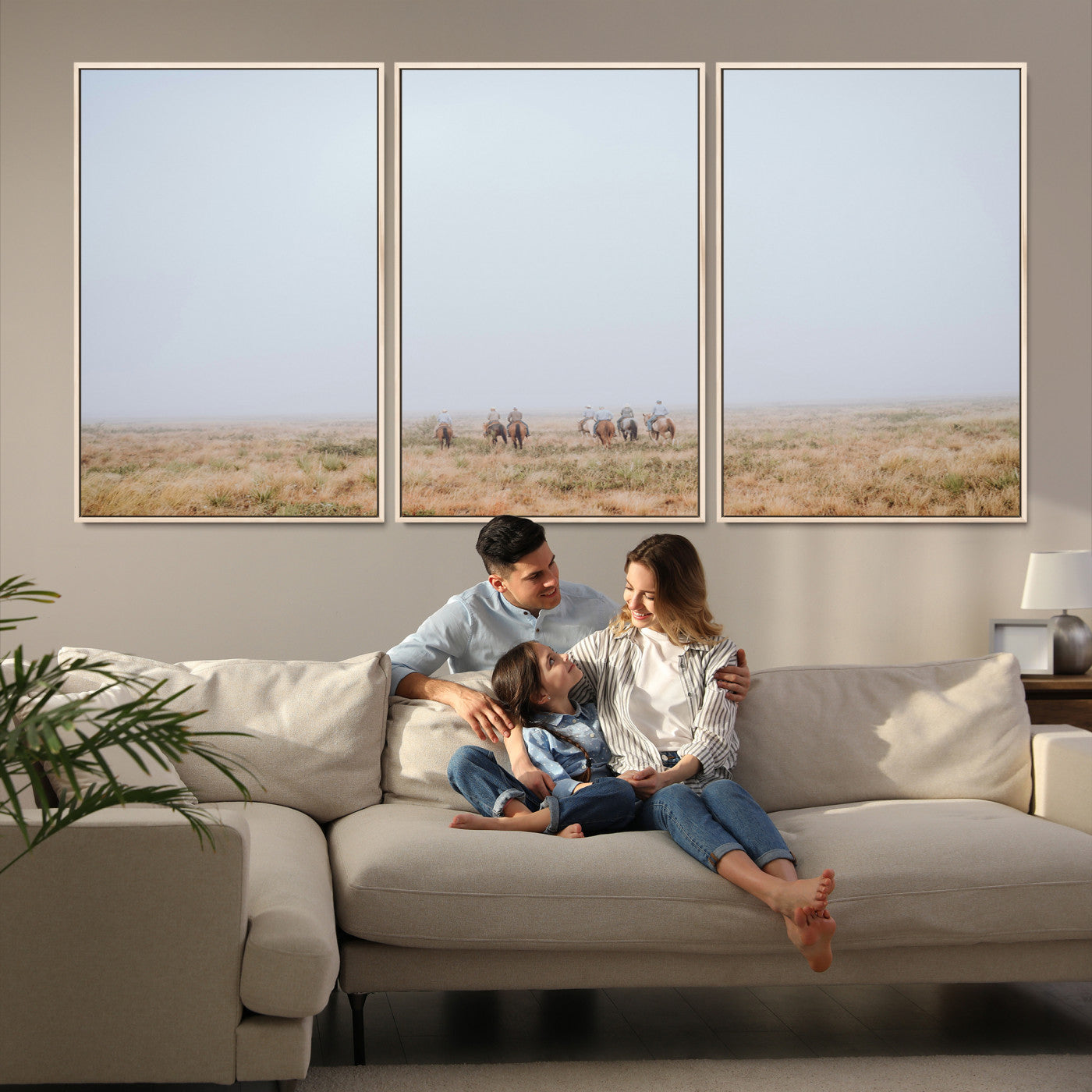 14761944-MGV-FC-60X30-3P-Foggy Plains Wall Art Canvas Print – Framed Horseback Riders Rustic Western Landscape Scene Artwork for Home Office