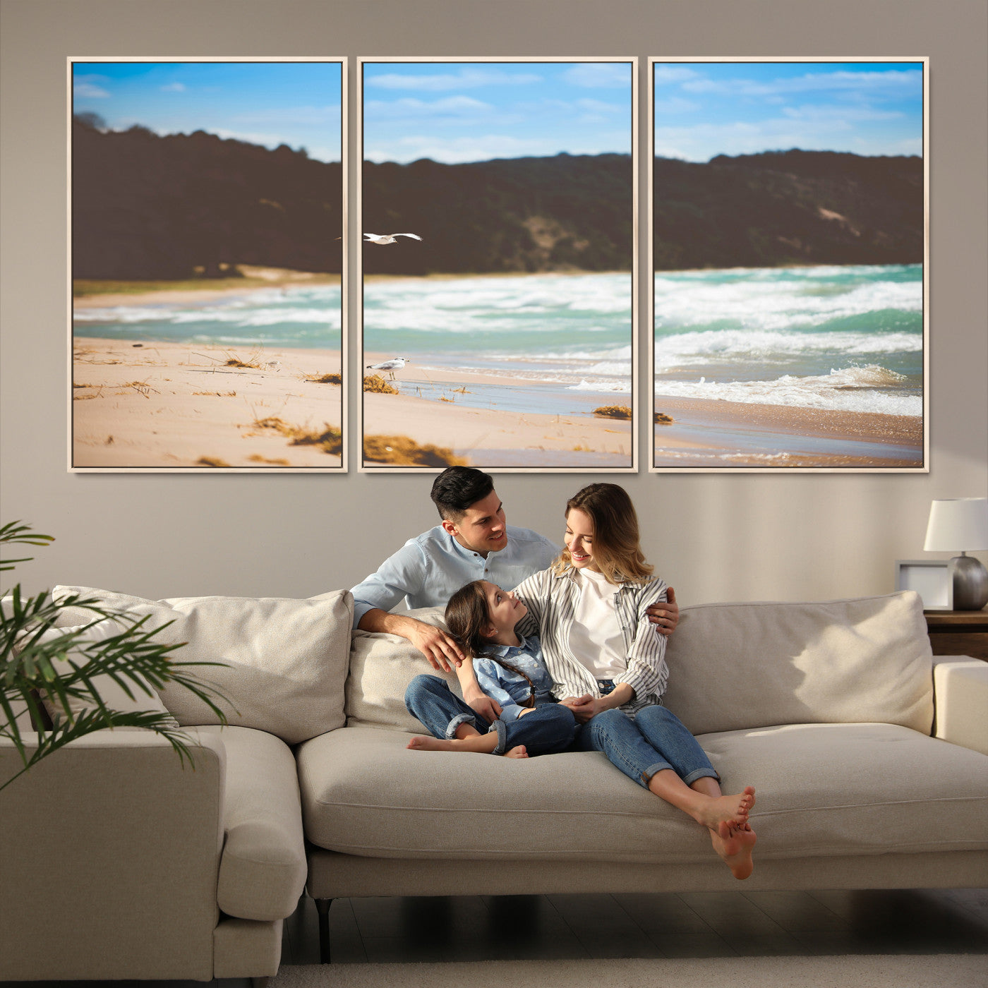 84260965-MGV-FC-60X30-3P-Tranquil Beach Scene Wall Art Canvas Print – Framed Blue Ocean Waves Sandy Shore Coastal Nature Artwork for Home Office