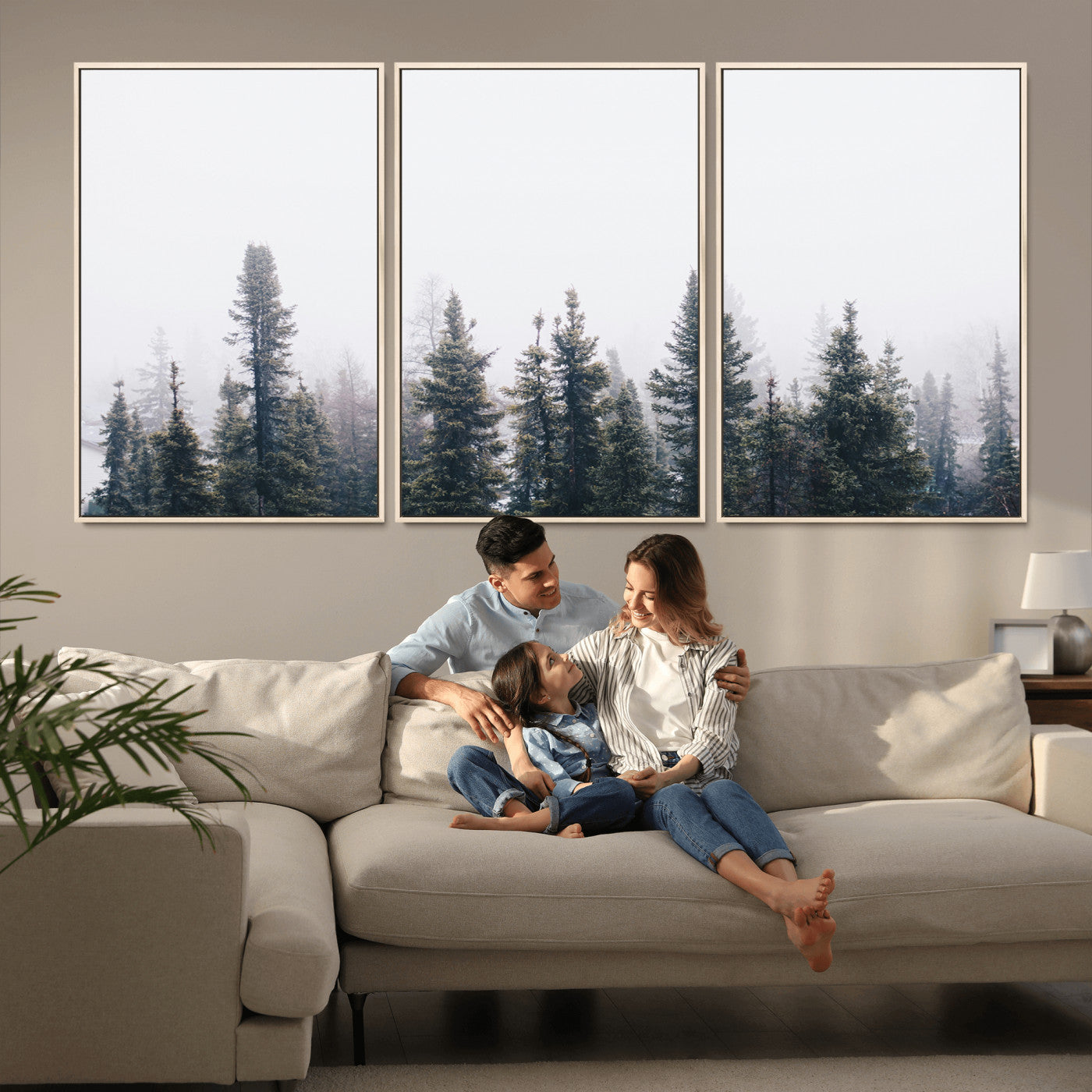 -Foggy Forest Wall Art Canvas Print – Framed Misty Pines Moody Woodland Nature Scene Artwork for Home Office