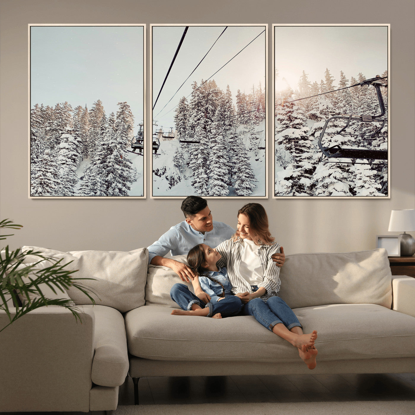 91534512-MGV-CV-36X24-Frosty Pines Wall Art Canvas Print – Framed Cozy Cabin Ski Lift Ride Winter Scene Artwork for Home Office