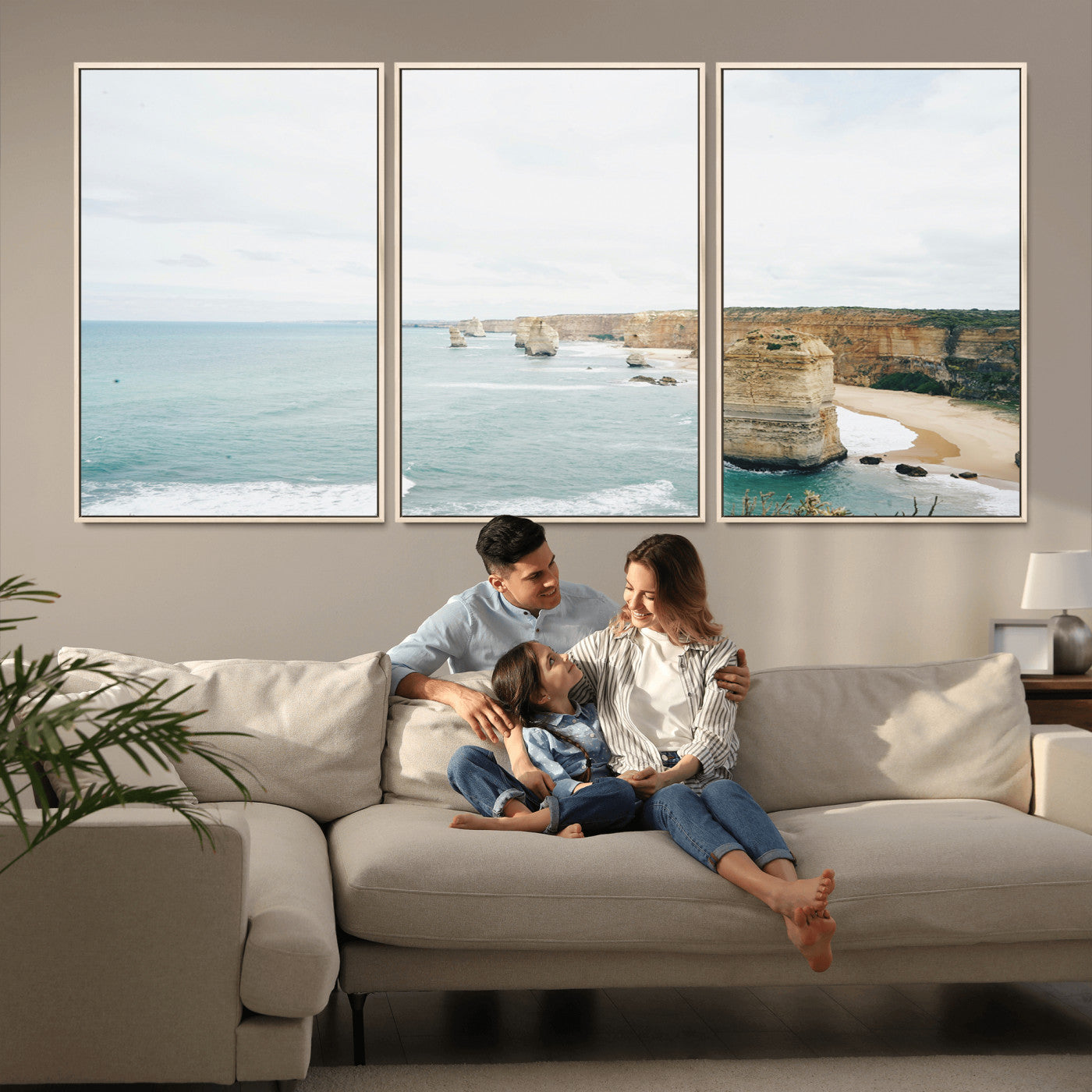 70095633-MGV-FC-60X30-3P_Natural-Twelve Apostles Wall Art Canvas Print – Framed Coastal Cliffs Rugged Rock Formations Artwork for Home Office