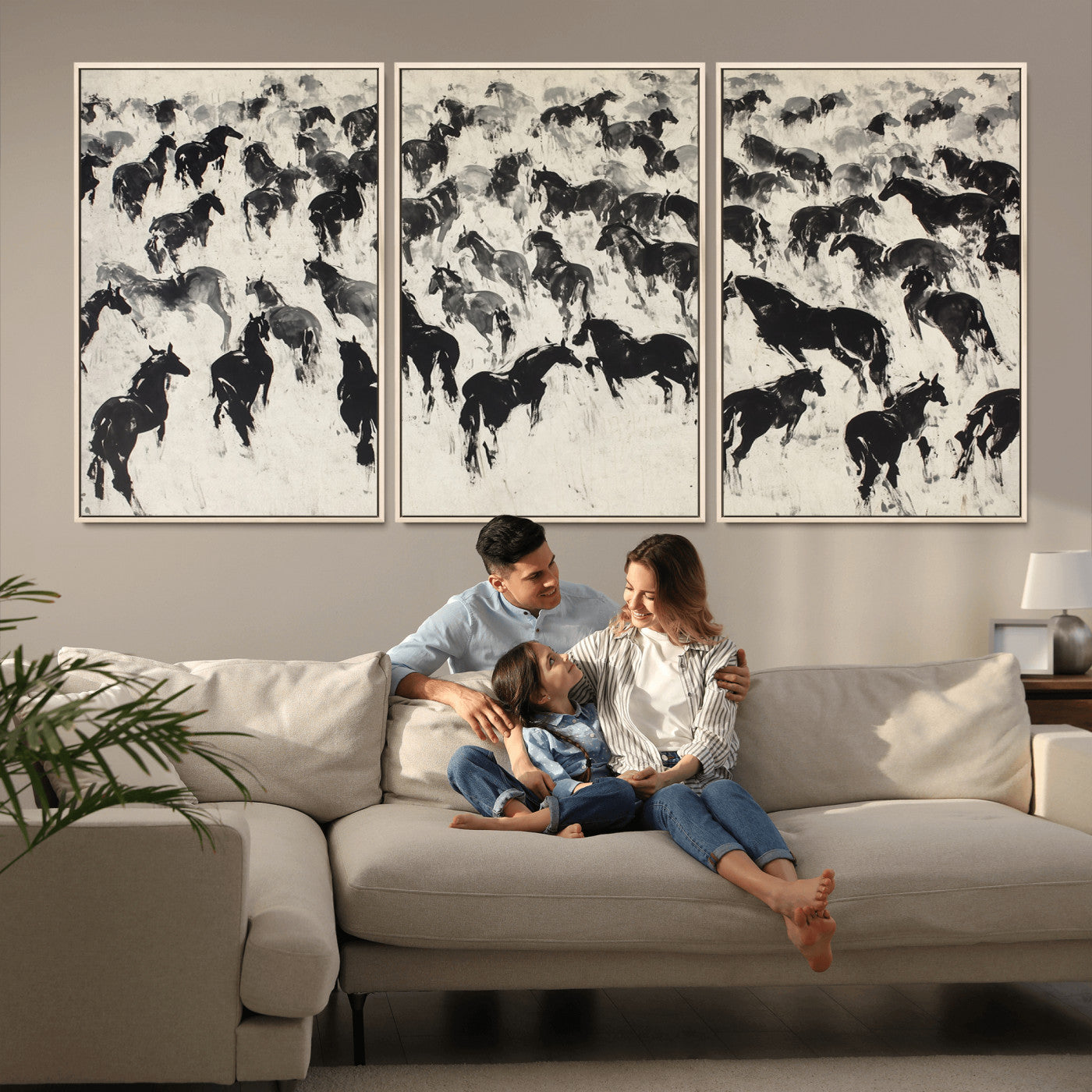 -Wild Horse Stampede Wall Art Canvas Print – Monochrome Running Horses Dynamic Motion Elegant Scene Artwork for Home, Office