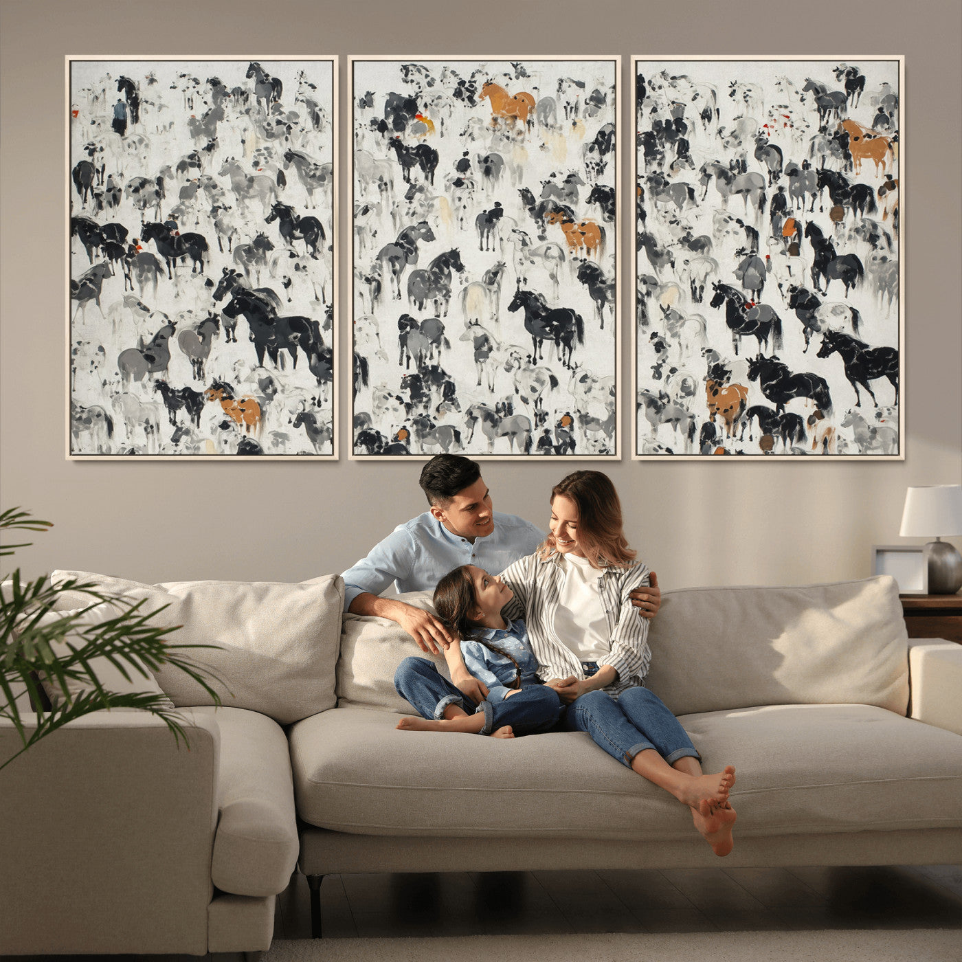 56463722-MGV-CV-36X24-Wild Horse Stampede Wall Art Canvas Print – Monochrome Running Horses Dynamic Motion Elegant Scene Artwork for Home, Office