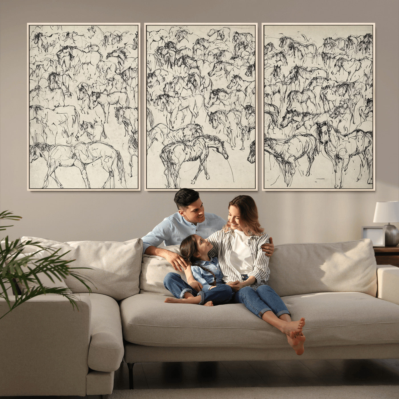 86653927-MGV-CV-36X24-Wild Horse Stampede Wall Art Canvas Print – Monochrome Running Horses Dynamic Motion Elegant Artwork for Home, Office