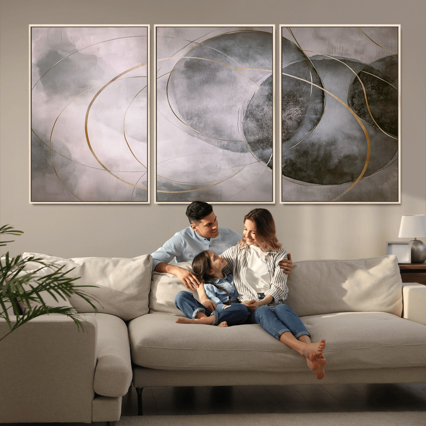 20066876-MGV-CV-36X24-Abstract Grey Gold Circle Wall Art – Modern Geometric Canvas Artwork, Minimal Elegant Design, Luxury Wall Decor for Home, Office