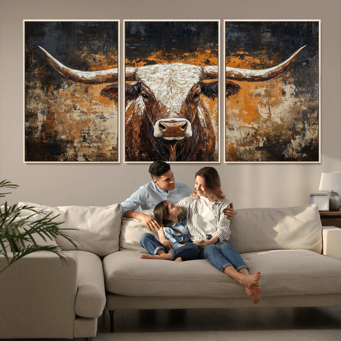 25265572-MGV-CV-36X24-Rustic Longhorn Bull Wall Art Canvas Print – Vintage Western Cattle Scene, Texas Steer Artwork for Home, Office