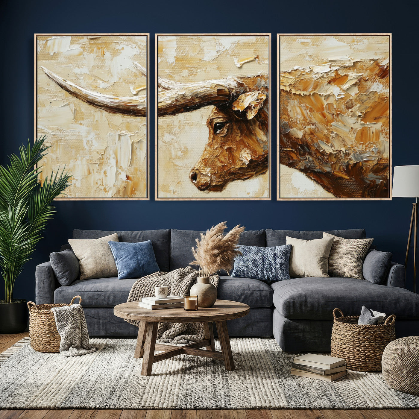 69611428-MGV-CV-36X24 - Rustic Longhorn Bull Wall Art Canvas Print – Vintage Western Cattle Painting, Texas Abstract Wall Cow Prints