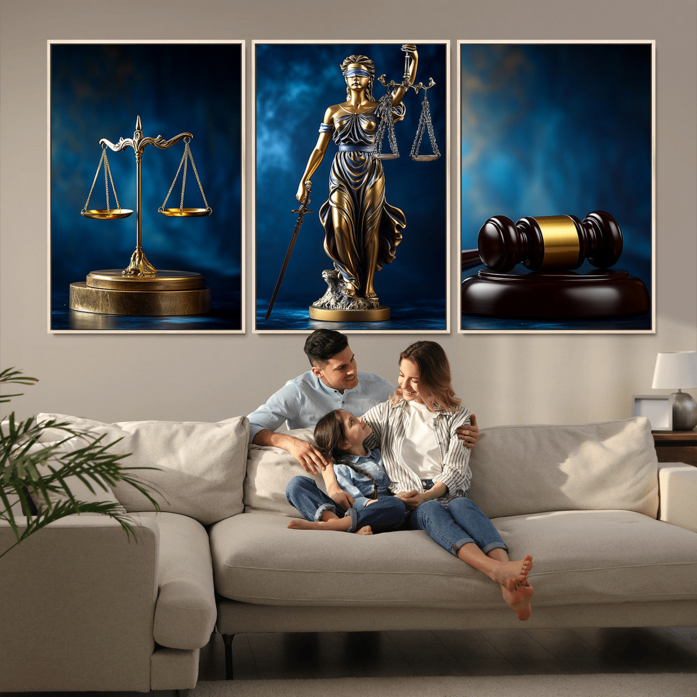-Lady Justice Wall Art Canvas Print – Elegant Gold Legal Symbols Blue Background, Perfect for Law