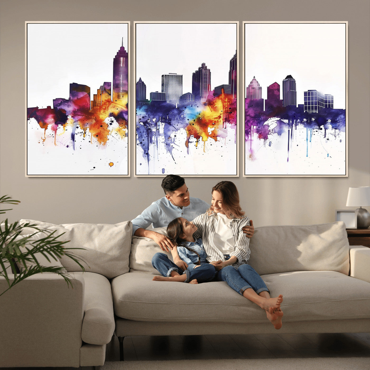 34479880-MGV-CV-36X24-Atlanta Skyline Wall Art Canvas Print – Framed Colorful Watercolor Cityscape Artwork for Home, Office, Living Room