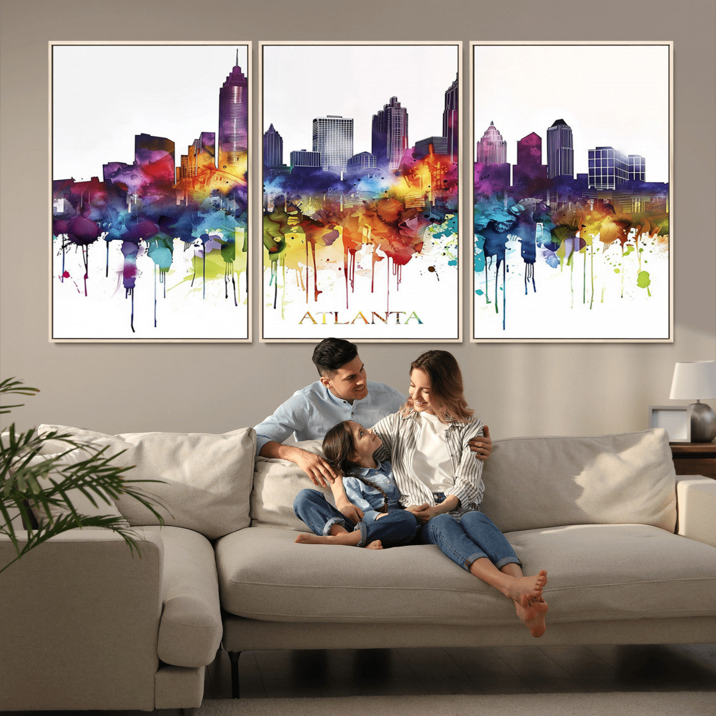 36048320-MGV-CV-36X24-Atlanta Skyline Wall Art Canvas Print – Framed Colorful Watercolor Cityscape Abstract Urban Artwork for Home, Office