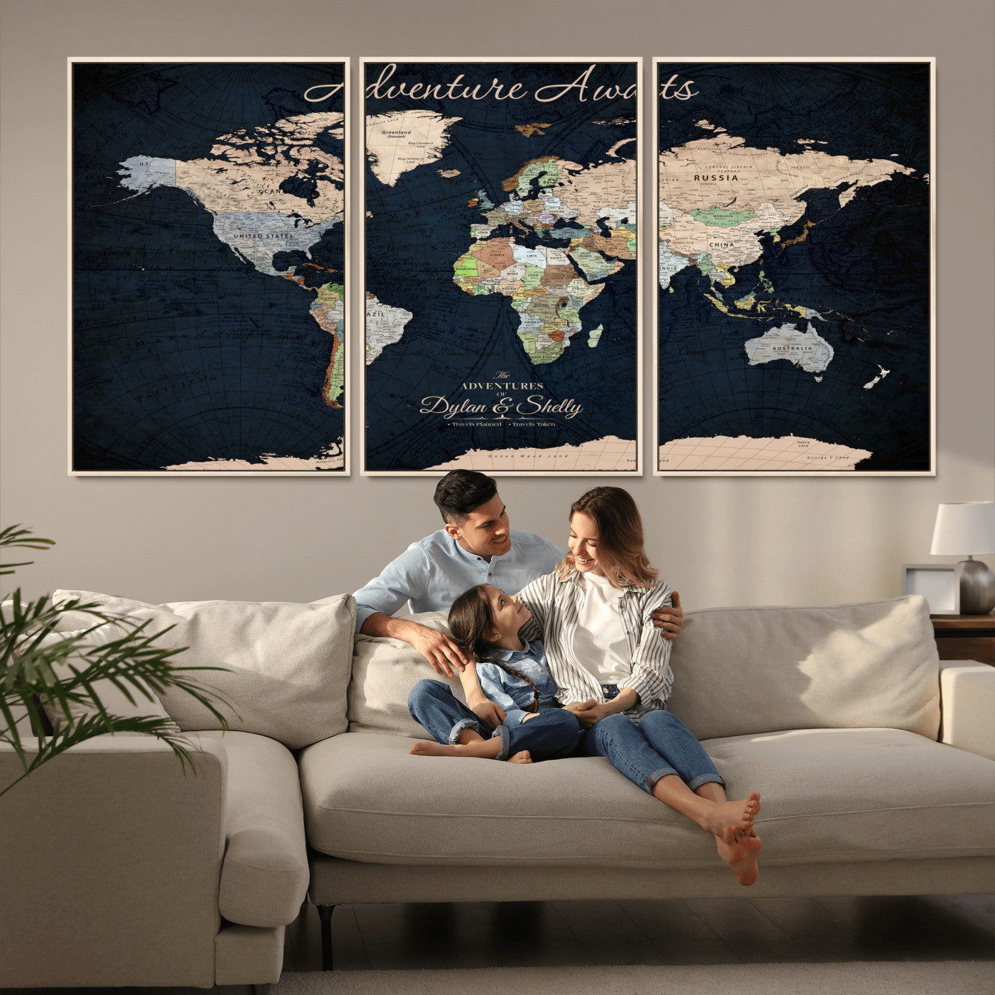 Rehber01-MGV-CV-36X24-Personalized World Map Canvas Print – Framed Push Pin Travel Wall Art for Couples – Adventure & Anniversary Gift