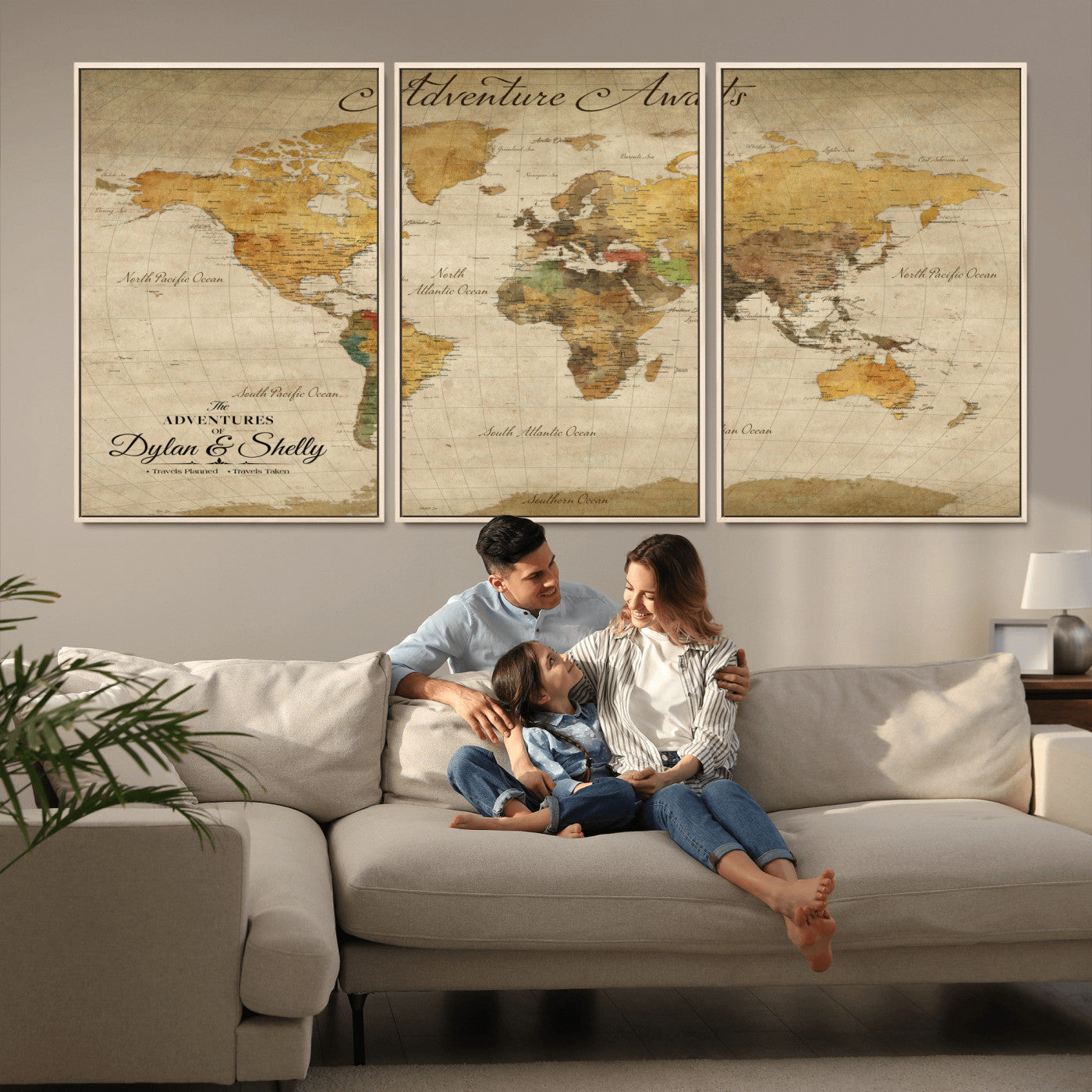 Rehber01-MGV-CV-36X24-Personalized World Map Canvas – Custom Framed Push Pin Travel Map Wall Art, Rustic Vintage Gift for Couples and Travel Lovers