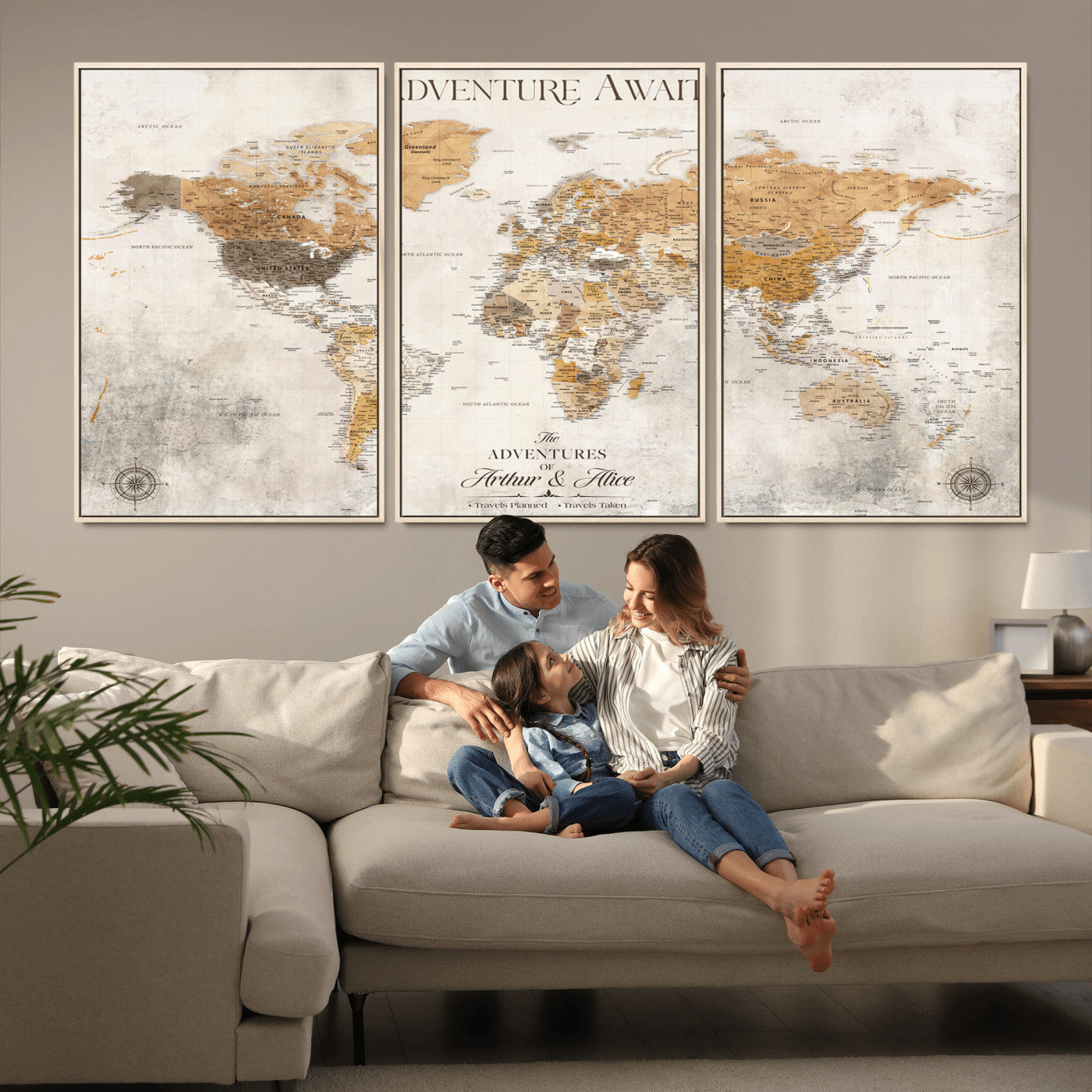 Rehber01-MGV-CV-36X24-Personalized World Map Canvas Print – Custom Push Pin Travel Map Vintage Neutral Style Gift for Couples Travelers for Home Office