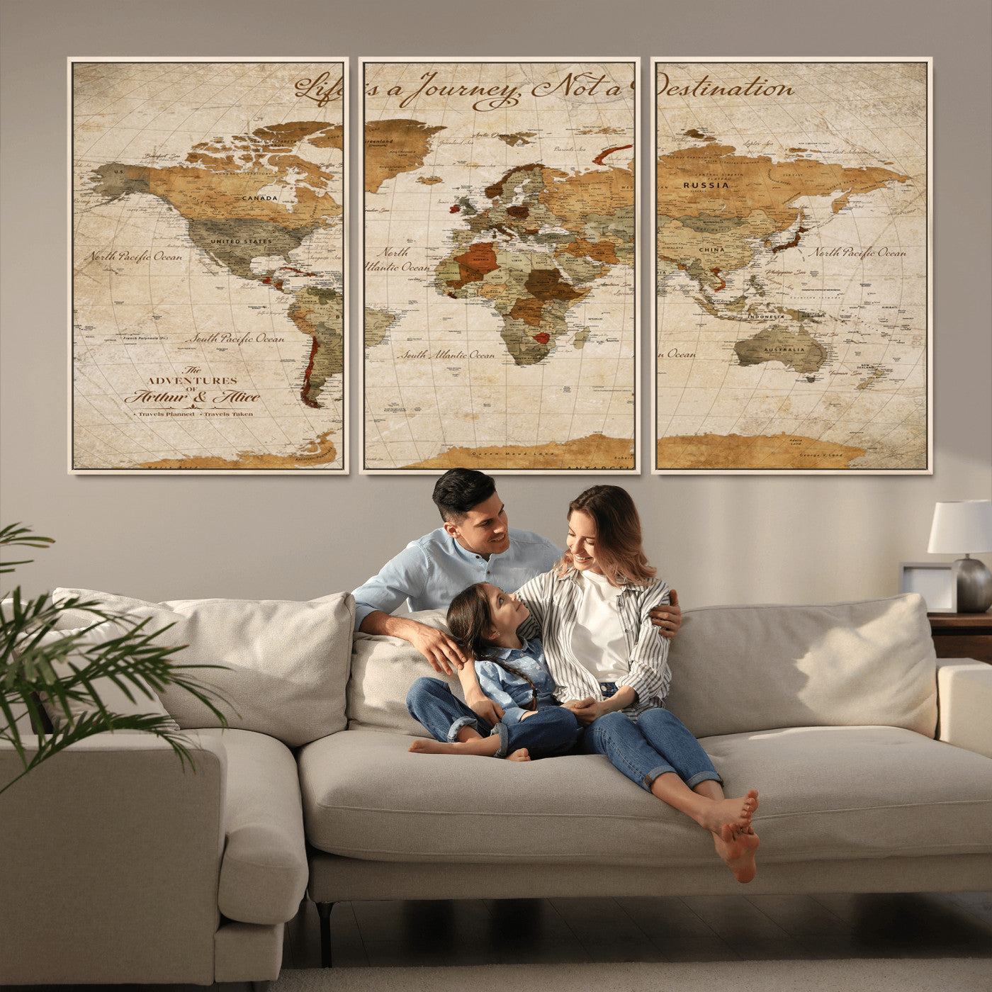 Rehber01-MGV-CV-36X24-Personalized Vintage World Map Canvas – Custom Framed Push Pin Travel Map Wall Art, Rustic Gift for Couples and Travel Lovers