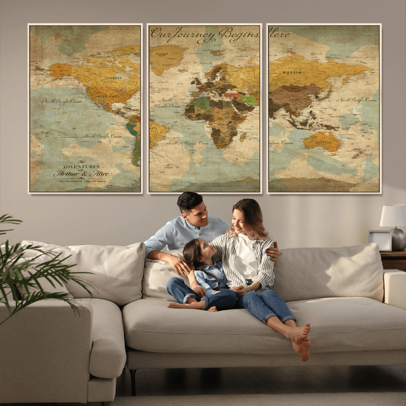 40572820-MGV-FC-60X30-3P_Natural-Personalized World Map Canvas – Custom Framed Push Pin Travel Map Wall Art, Vintage Style Gift for Couples