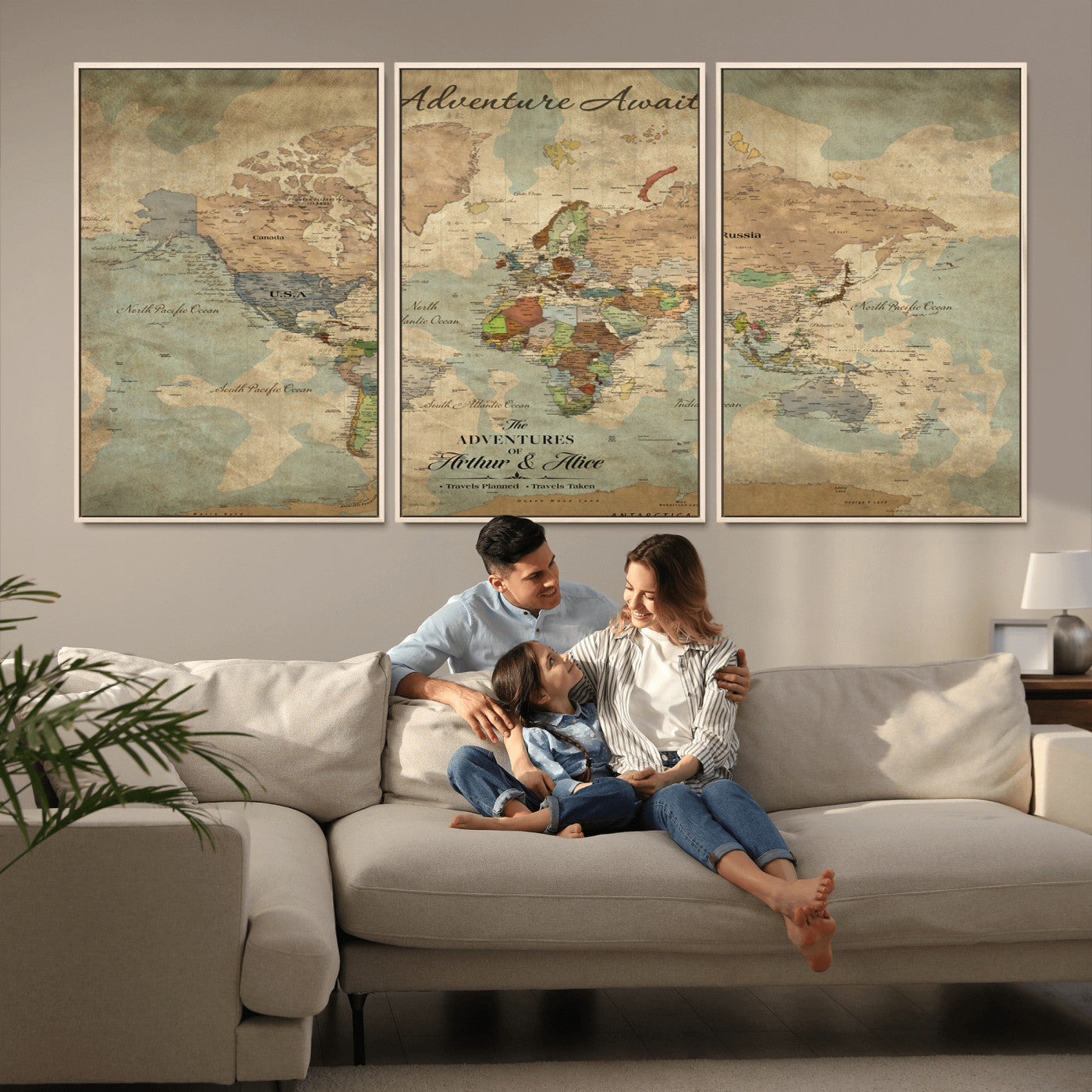 Rehber01-MGV-CV-36X24-Personalized Vintage World Map Canvas Print – Custom Push Pin Travel Map Antique Style Gift for Couples Travelers for Home Office