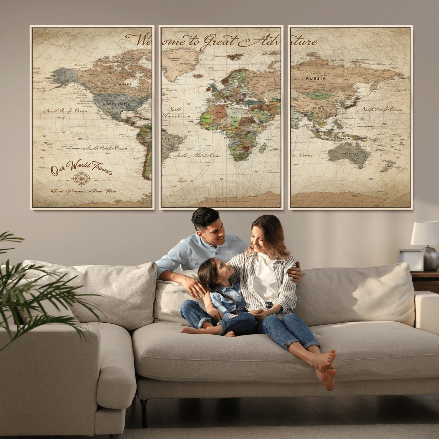 -Personalized Antique World Map Canvas Print – Custom Push Pin Travel Tracker Vintage Adventure Gift for Couples for Home, Office