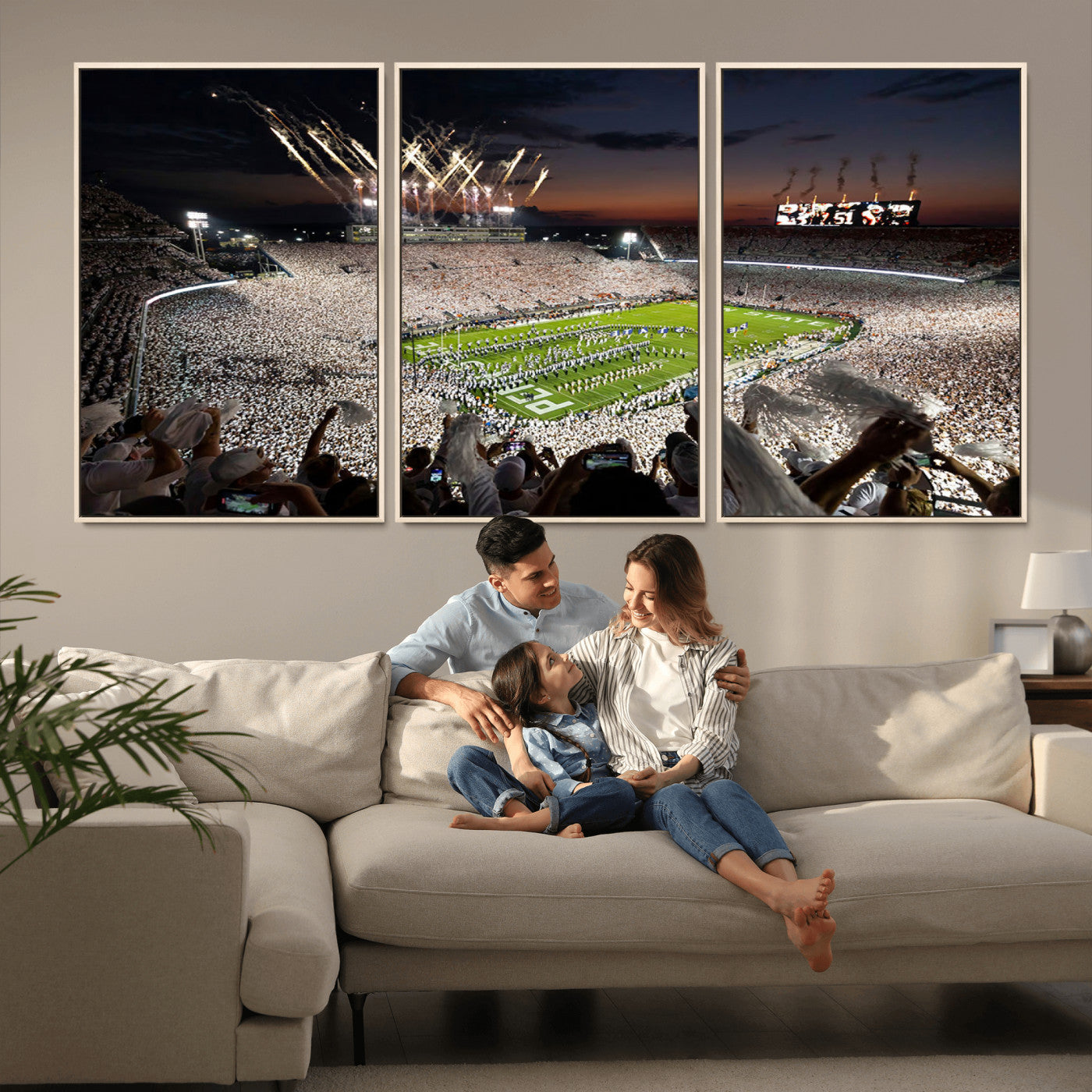 11221988-MGV-FC-60X30-3P - Epic Night Football Stadium Wall Art Canvas Print, Fireworks and Crowd Energy Game Day Excitement Decor for Home, Office
