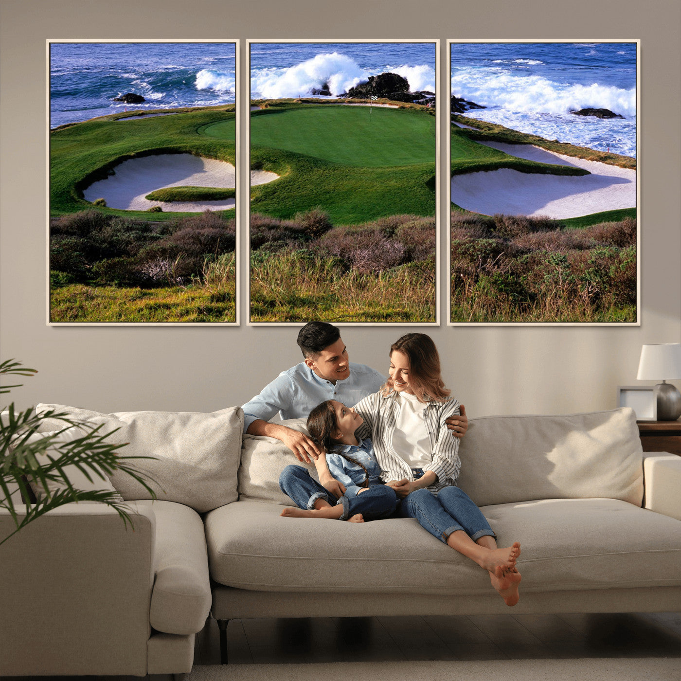 22776914-MGV-CV-36X24-Ocean Cliff Golf Green Canvas Print – Framed Majestic Coastal Scene with Lush Green Artwork for Home, Office