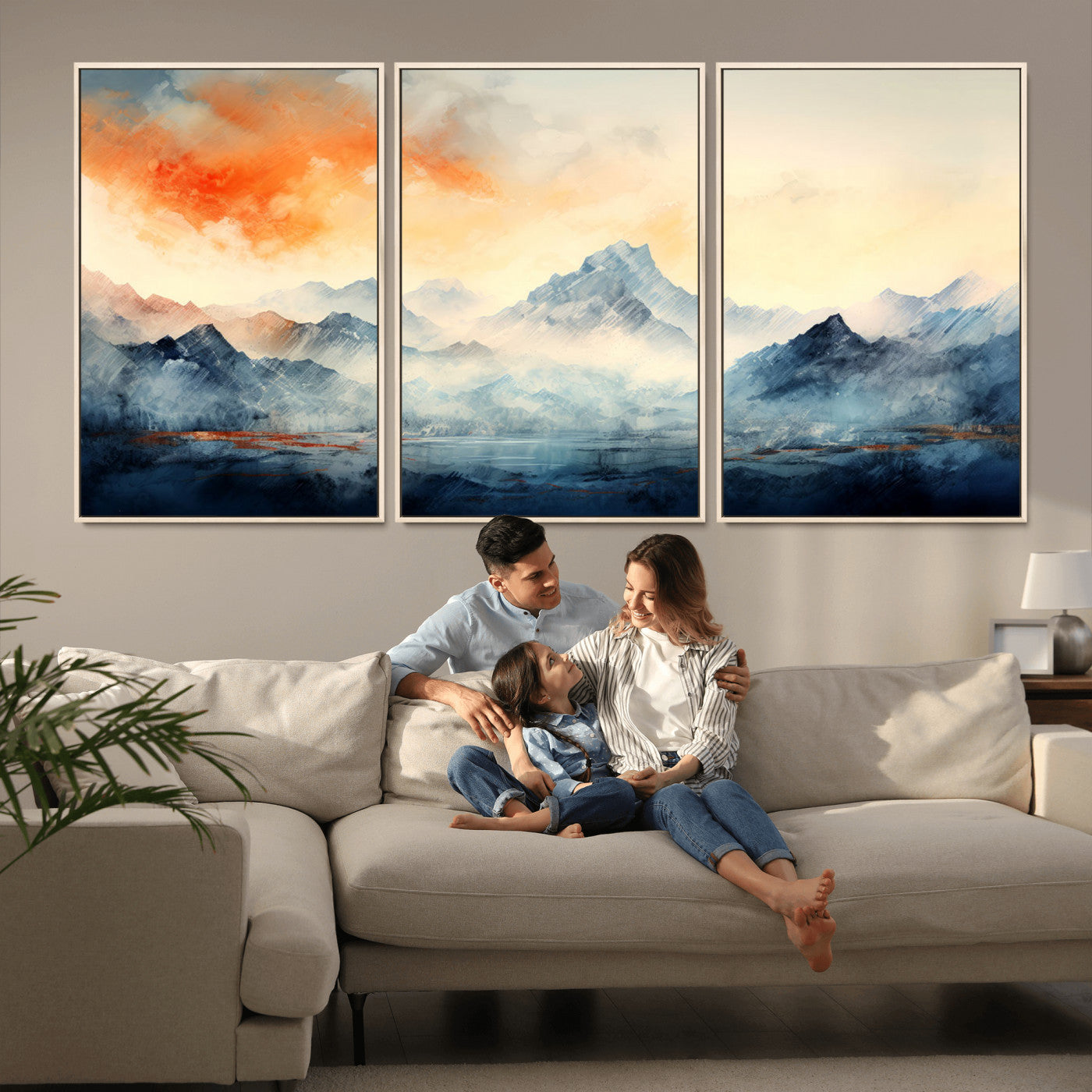 WRM1005-MGV-FC-60X30-3P - Warm Clouds Abstract Mountain Wall Art, Modern Landscape Canvas Print, Minimal Framed Artwork for Home, Office