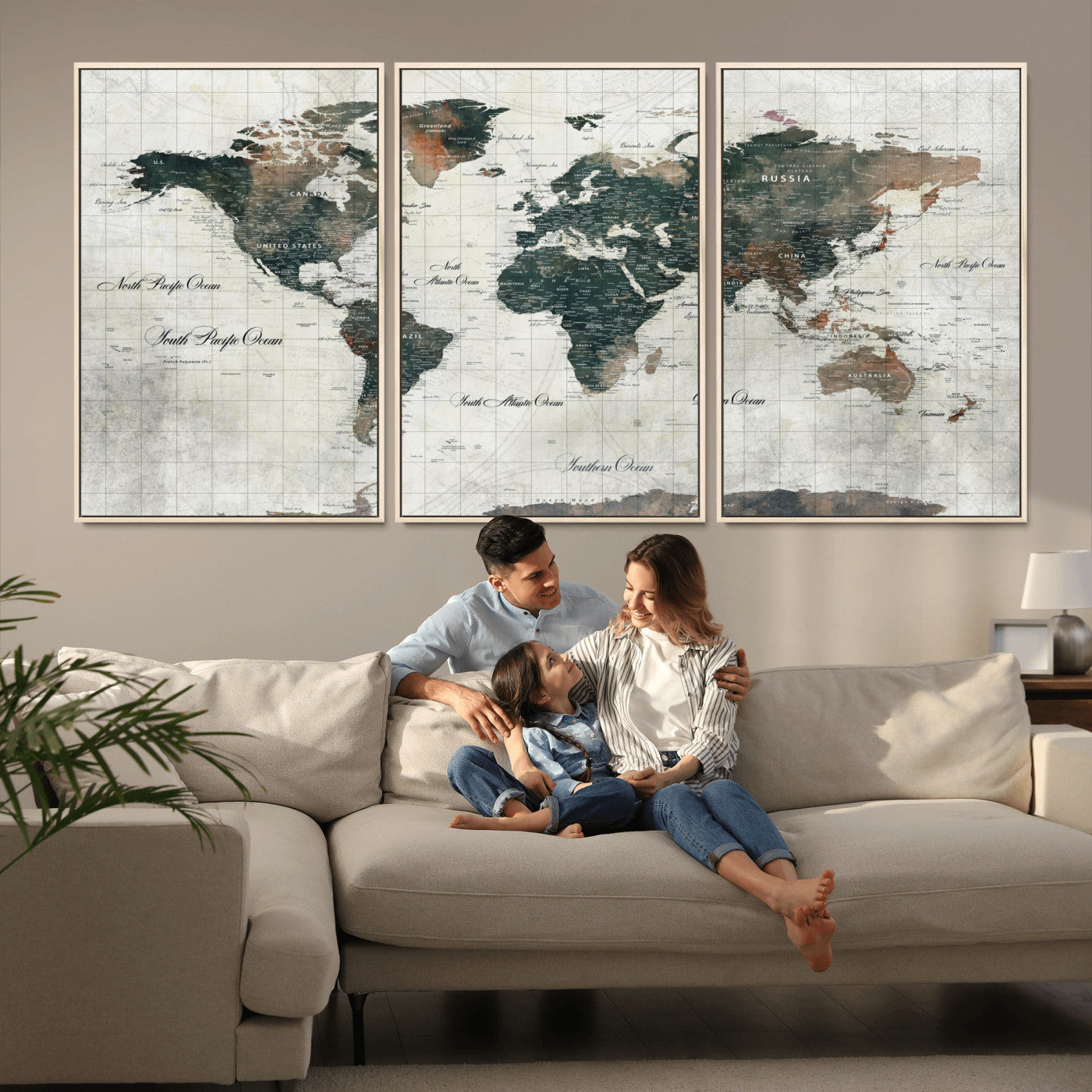 90149079-MGV-FC-60X30-3P - World Map Wall Art Canvas Print, Modern Decorative Framed Map Artwork Prints for Living Room, Office, Bedroom Wall Decor