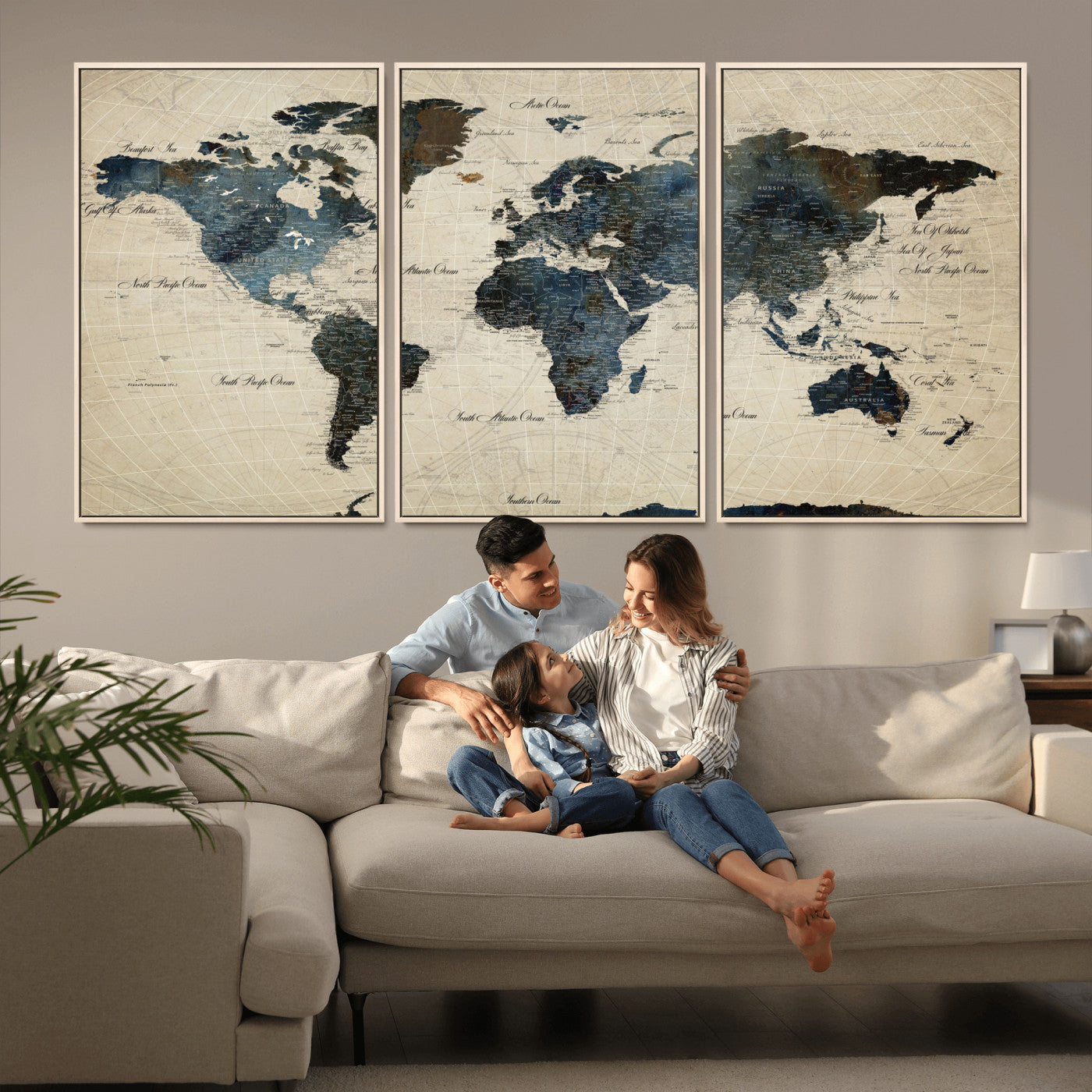 33438443-MGV-FC-60X30-3P - World Map Wall Art Canvas Print, Modern Decorative Framed Map Artwork Prints for Living Room, Office, Bedroom Wall Decor