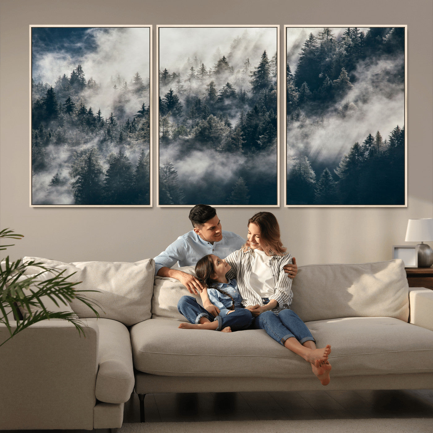 270372951-MGV-FC-60X30-3P - Misty Pine Forest Canvas Wall Art – Dark Forest Mountaing and Nature Landscape Print, Horizontal Canvas Print