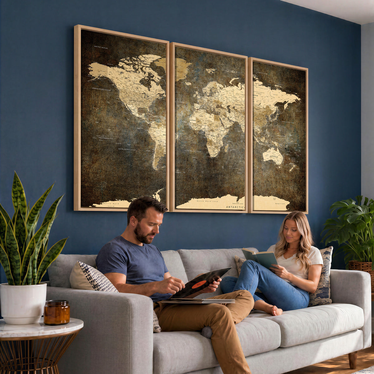 89742472-MGV-CV-36X24 - Large Framed Vintage World Map Wall Art Print for Home Wall