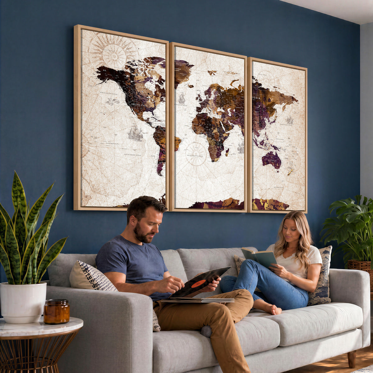 53400857-MGV-CV-36X24 - Blue Watercolor World Map Canvas Print – Framed Modern Wall