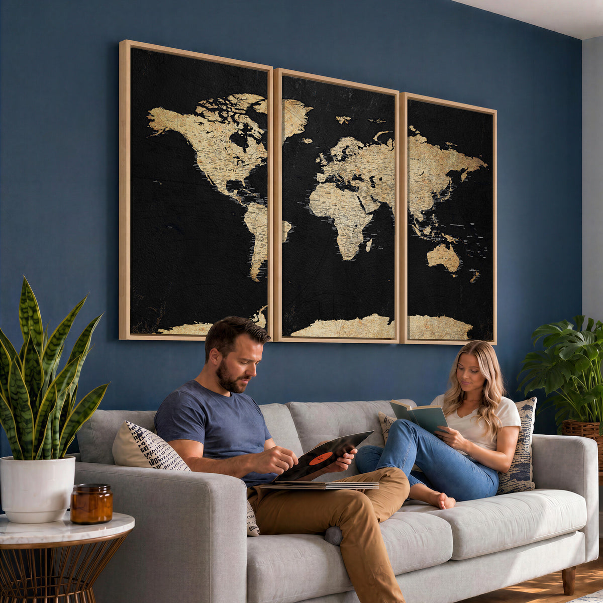 71518849-MGV-CV-36X24 - Beige World Map Canvas Wall Art Print, Minimal Black and