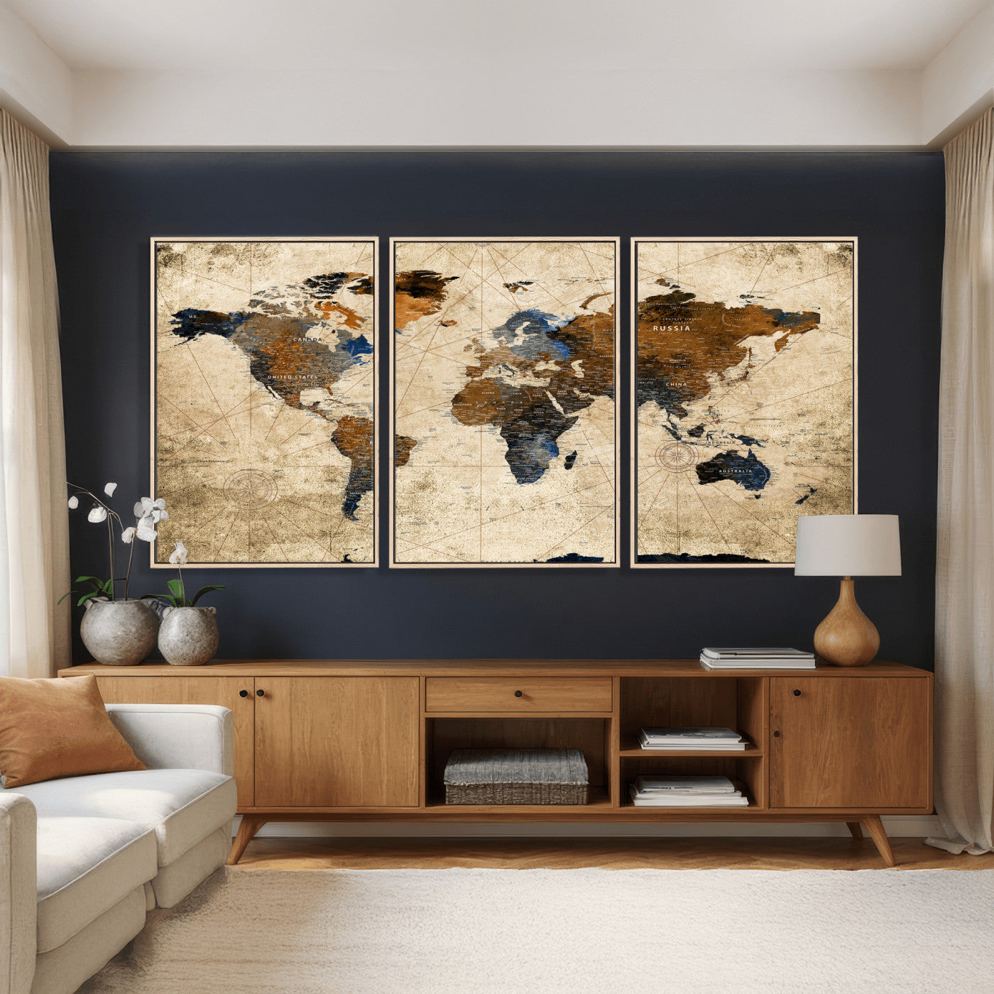 27163414-MGV-CV-36X24 - World Map Wall Art – Rustic Earth Tone Canvas Print, Antique Travel Map Design for Living Room, Office or Study, Classic Adventure Decor
