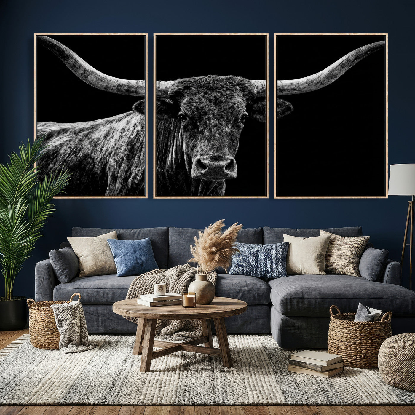 86568508-MGV-CV-36X24 - Vintage Texas Longhorn Bull Wall Art Canvas Print, Texas Cow Portrait Print, Framed Bull Wall Art Ready to Hang