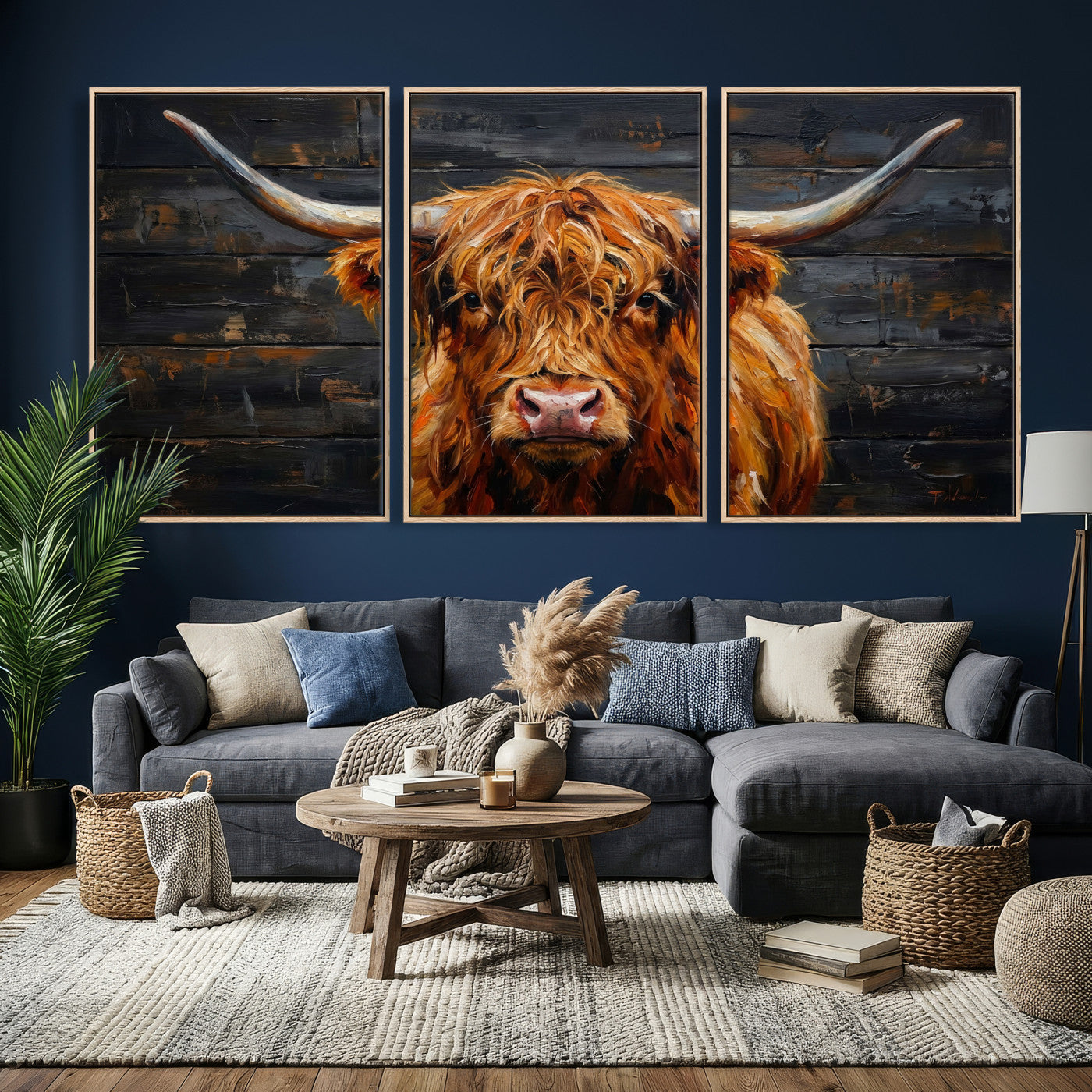 32536611-MGV-CV-36X24 - Highland Cow Wall Art Canvas Print, Rustic Farm Animal Painting, Framed Wall Art Ready to Hang