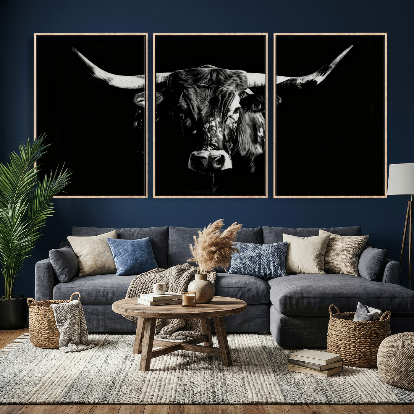 21436434-MGV-CV-36X24 - Black Bull Wall Art Canvas Print, Dark Longhorn Portrait Photography, Framed Wall Art Ready to Hang