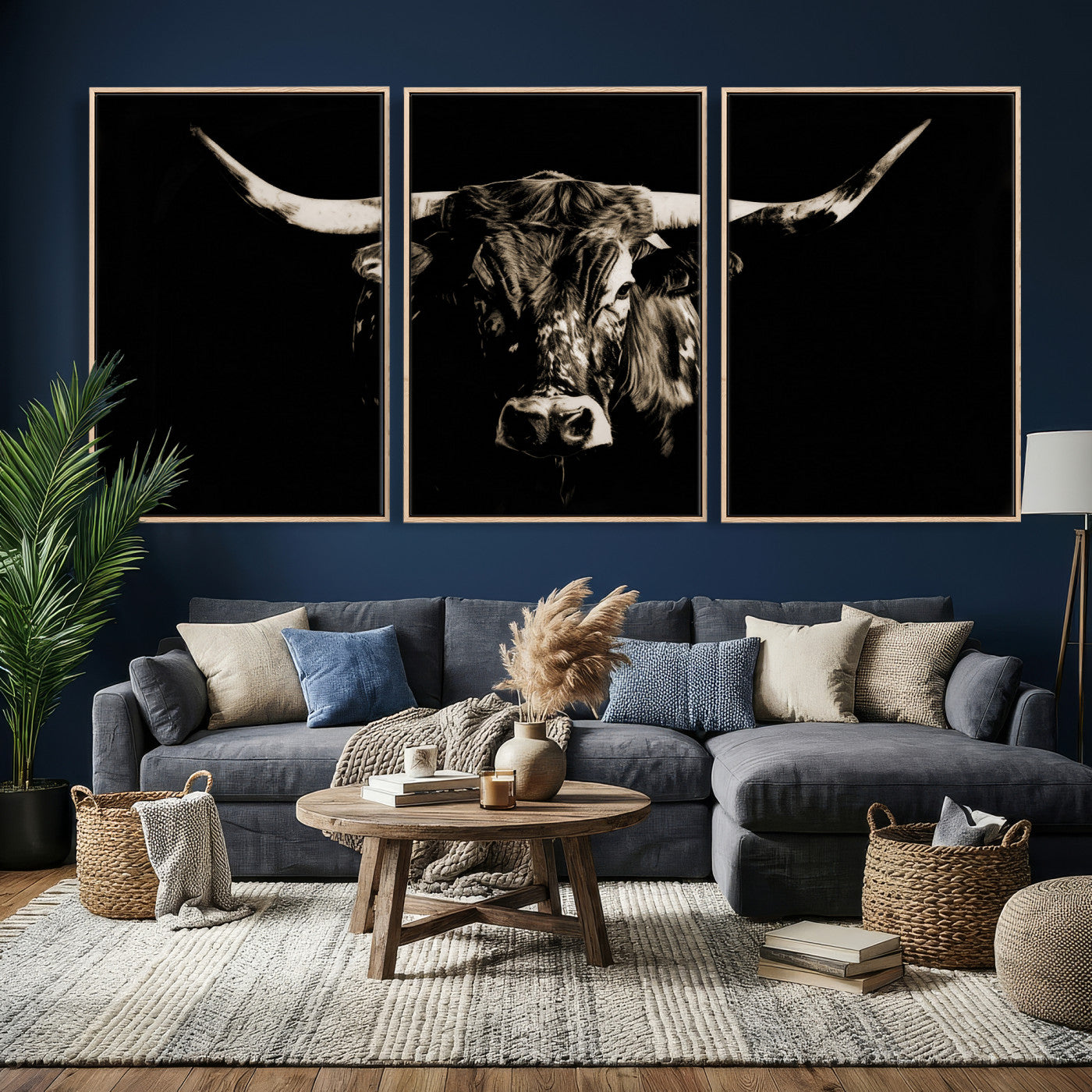75774468-MGV-CV-36X24 - Black Bull Wall Art Canvas Print, Dark Longhorn Portrait Photography, Framed Wall Art Ready to Hang