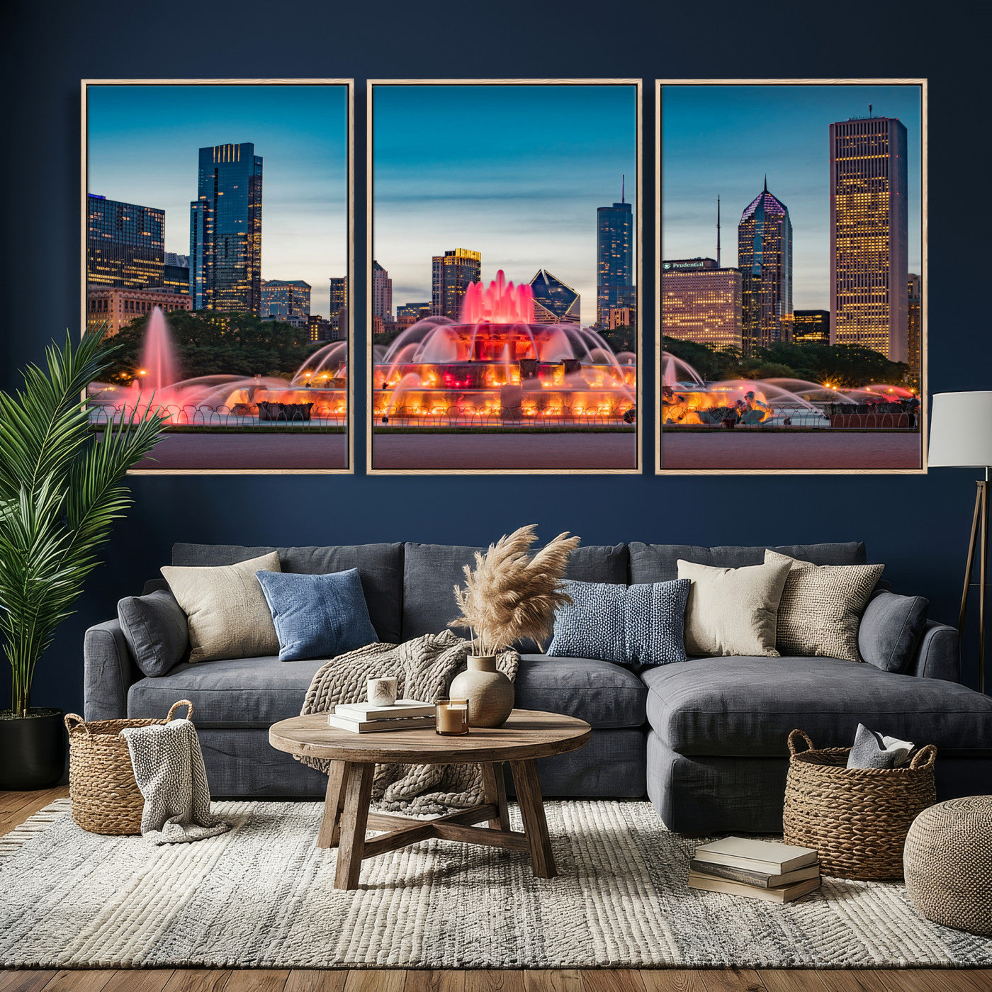 46805285-MGV-CV-36X24 - Chicago Wall Art Canvas Print, Chicago City Downtown Night Cityscape Print for Modern Urban Wall Decor