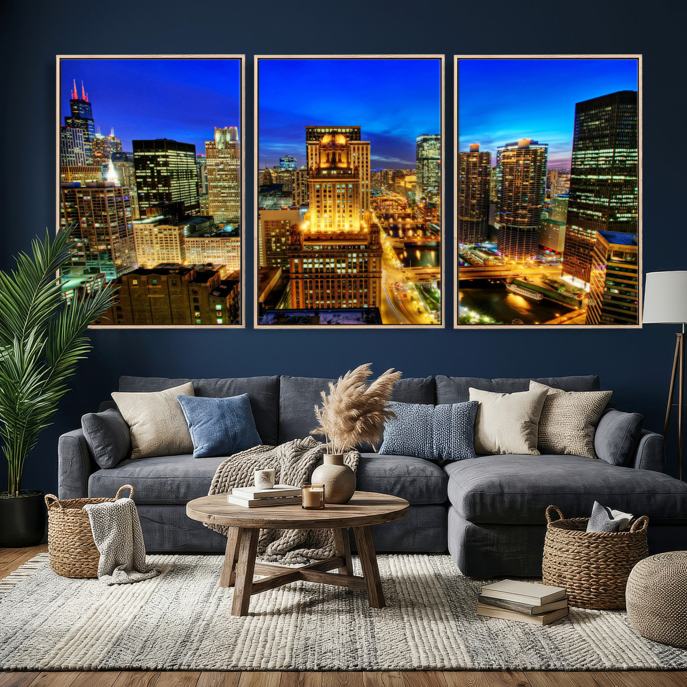 46298885-MGV-CV-36X24 - Chicago Wall Art Canvas Print, Chicago City Downtown Night Cityscape Print for Modern Urban Wall Decor