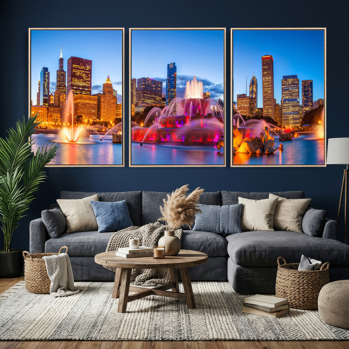20251989-MGV-CV-36X24 - Chicago Wall Art Canvas Print, Chicago City Downtown Night Cityscape Print for Modern Urban Wall Decor