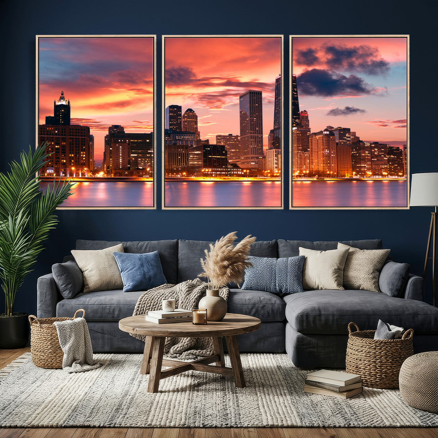 80390109-MGV-CV-36X24 - Chicago Wall Art Canvas Print, Chicago City Downtown Night Cityscape Print for Modern Urban Wall Decor