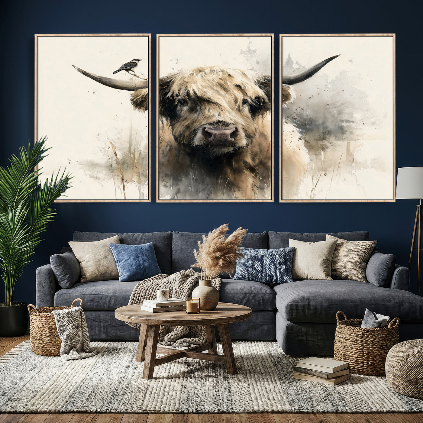 98249290-MGV-CV-36X24 - Abstract Highland Cow Watercolor Animal Wall Art Canvas Print, Rustic Farm Cattle Portrait Canvas Print, Neutral Wildlife Farmhouse Art Printing