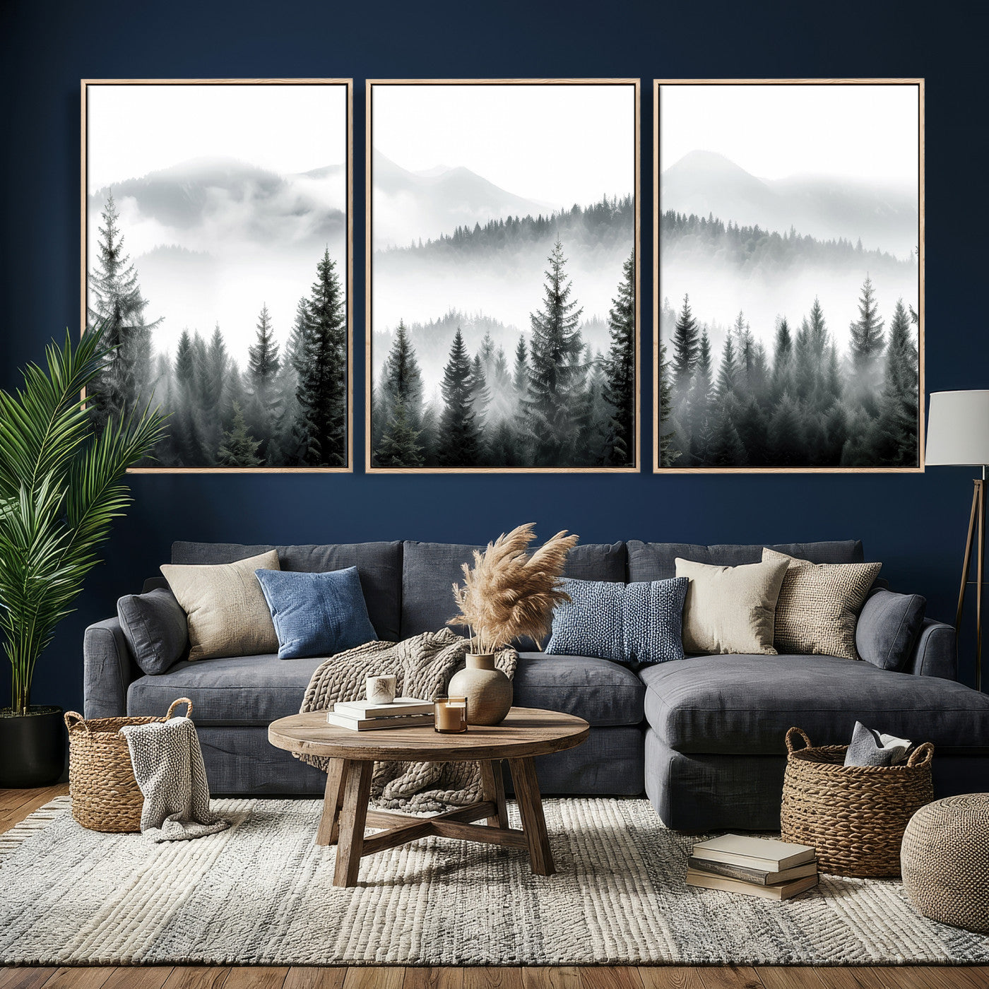38819032-MGV-CV-36X24 - Misty Pine Forest Mountain Landscape Wall Art Canvas Print, Foggy Evergreen Trees Minimal Nature Canvas Print, Monochrome Wilderness Scenic Art Printing