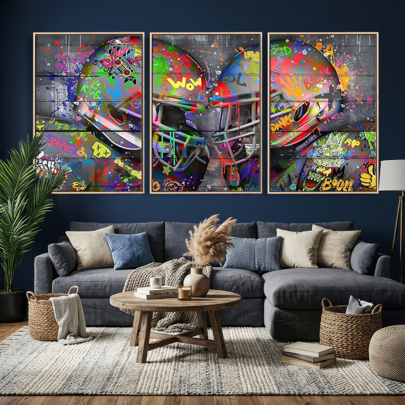15309853-MGV-CV-36X24 - Graffiti Football Helmets Wall Art Canvas Print, Urban Street Art Sports Decor, Colorful American Football Graffiti Artwork