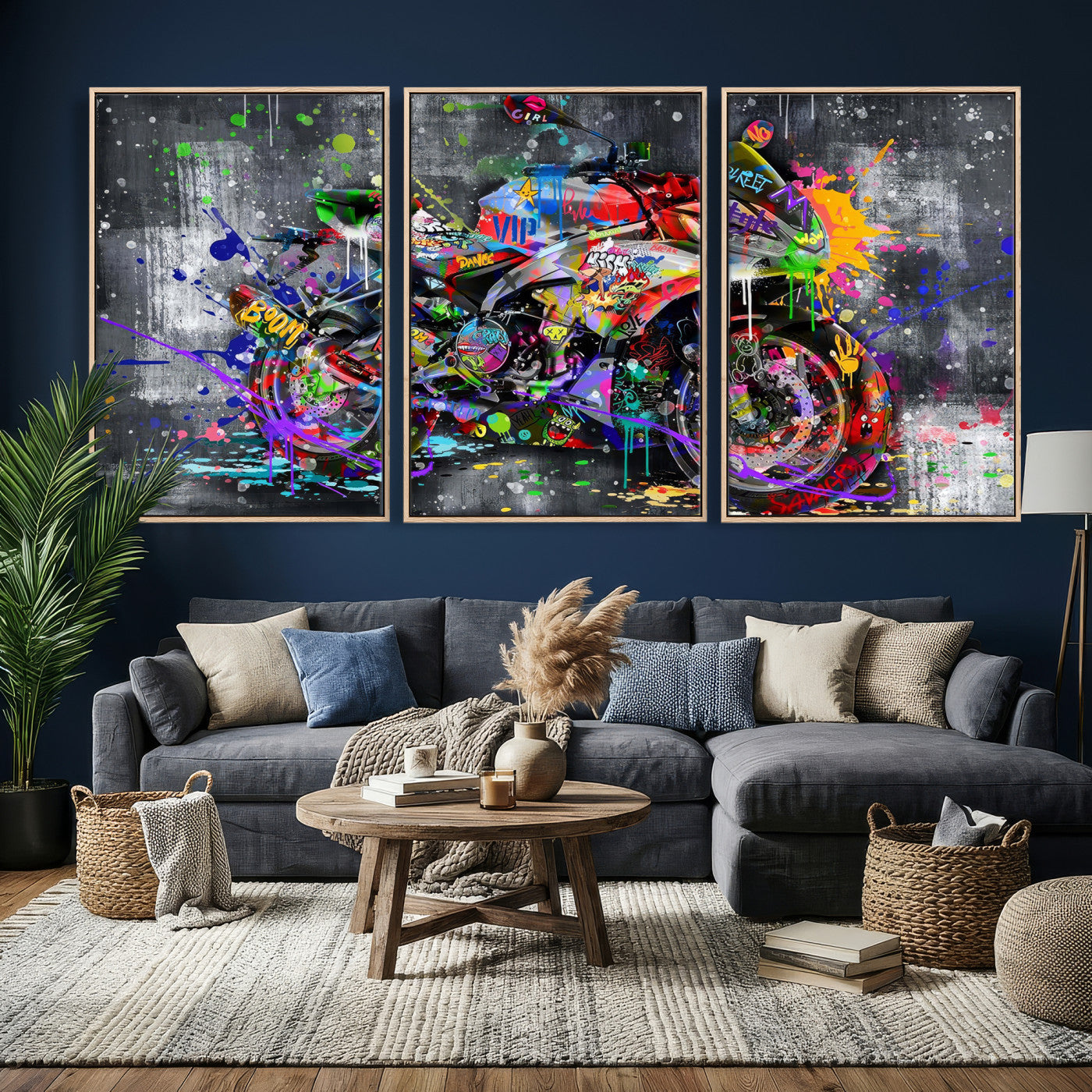 83021767-MGV-CV-36X24 - Graffiti Motorcycle Wall Art Canvas Print, Urban Street Art Motorbike Decor, Colorful Graffiti Sports Bike Artwork