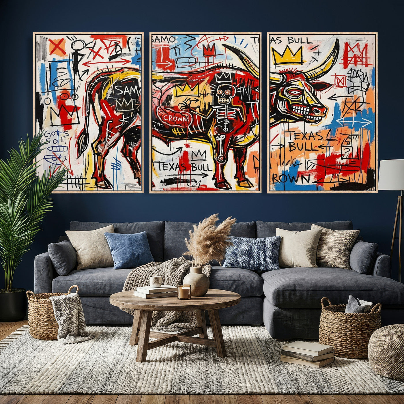89504579-MGV-CV-36X24 - TITLE: Texas Bull Wall Art Canvas Print, Abstract Graffiti Bull Painting, Western Animal Art, Modern Ranch Decor